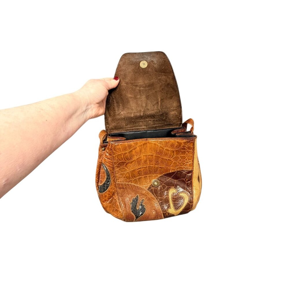 Sharif Vintage Leather Crossbody Bag Snakeskin Croc Embossed Brown USA Retro - Picture 9 of 16